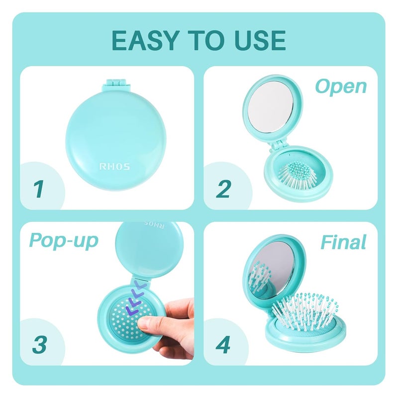 RHOS Folding Brush with Mirror for Women, Men & Kids - Compact, Portable, and Foldable for Travel, Purse or Pocket (Blue) - Image 3